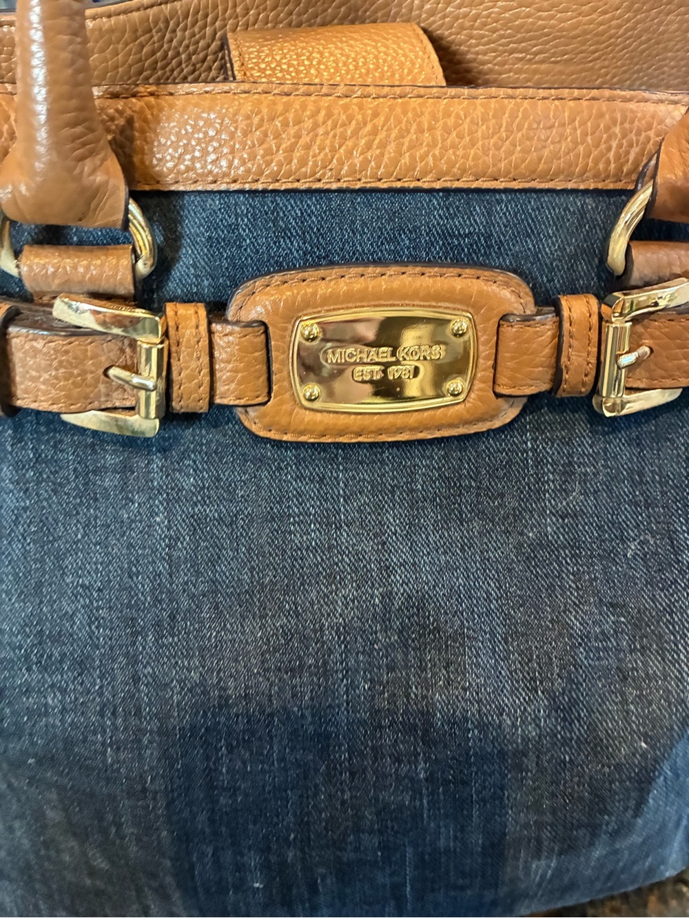 Michael Kors Denim Tote with Tan Leather Trim and Gold Hardware